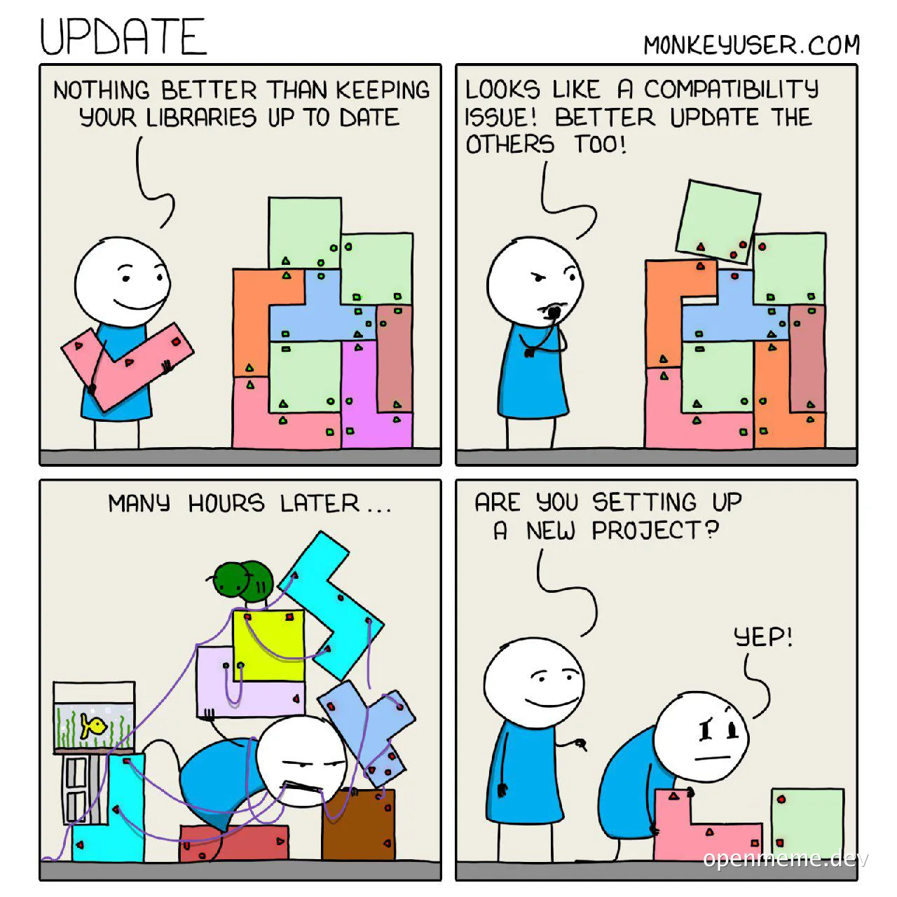 cartoon about developer updating libraries
