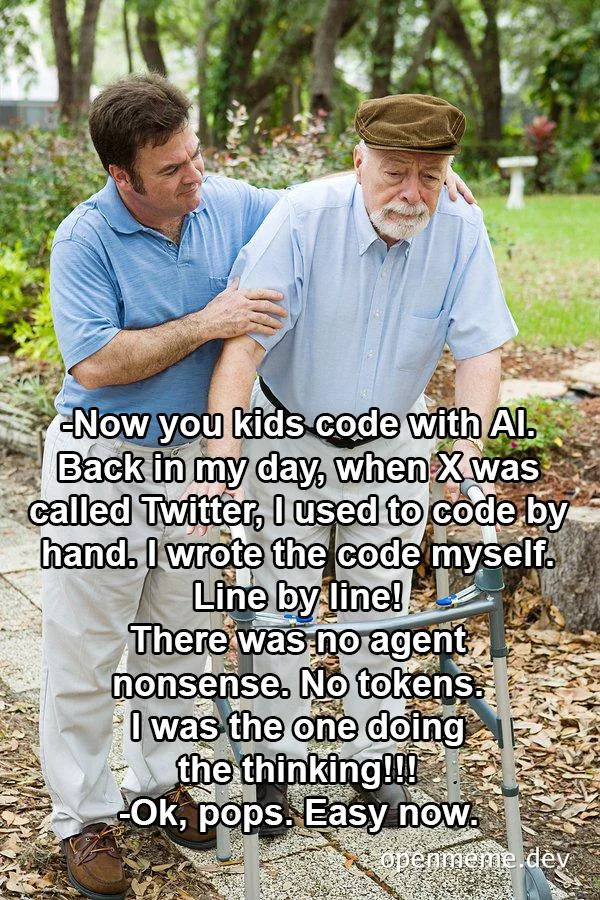 A younger man assists an elderly man with a walker, with overlaid text about coding with AI
