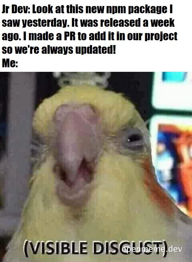 disgusted bird face with text about junior developer suggesting outdated npm package