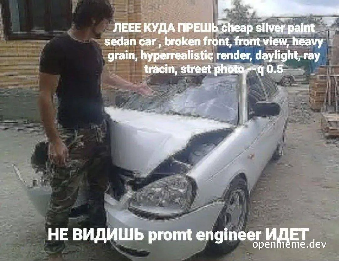 Man standing beside a badly damaged silver sedan with an AI image-generation prompt written over the photo and a Russian