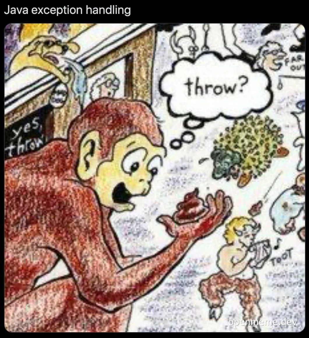 Bigfoot throwing a rock labeled throw? while another creature runs away labeled trot
