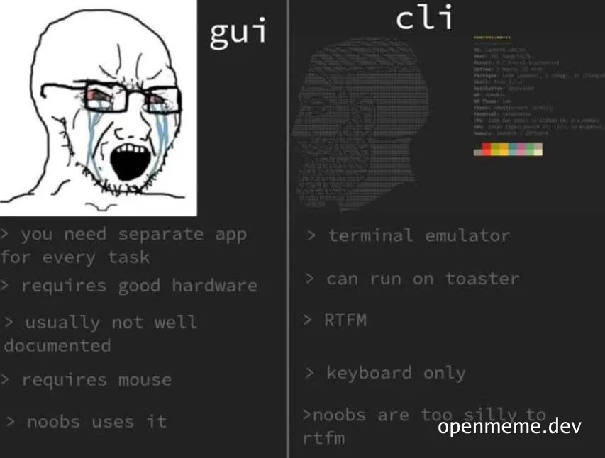Sad Keanu Reeves meme comparing GUI and CLI