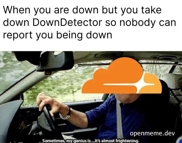 Man driving with cloud over face, implying he's taking down DownDetector