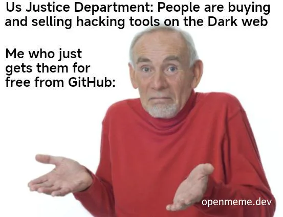 Elderly man in red shirt shrugging with text about free hacking tools on GitHub