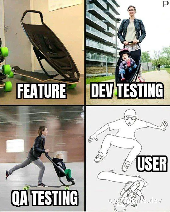 humorous meme about software development testing process