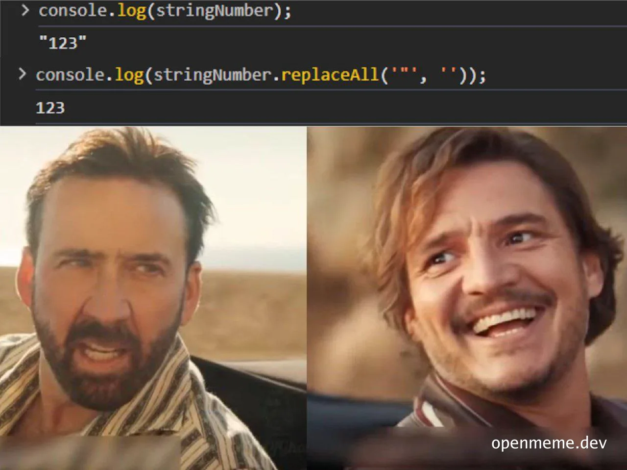 Two smiling men side by side with code about string replacement