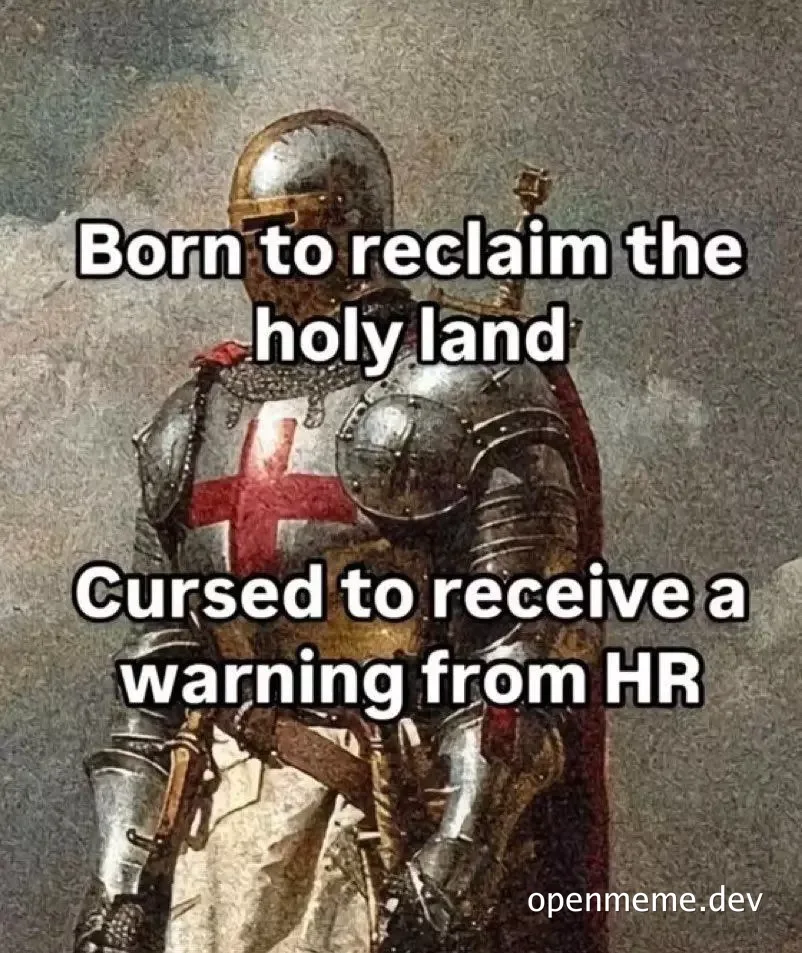Knight Templar with a red cross on armor and HR warning text overlay
