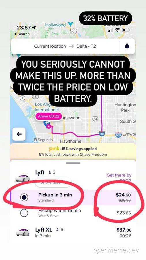 Lyft price surge on low battery