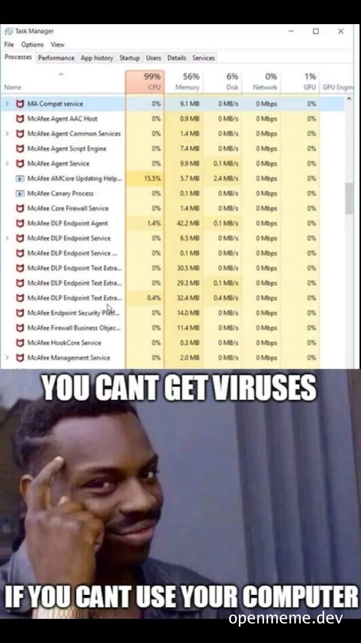 meme about mcafee antivirus causing high cpu usage
