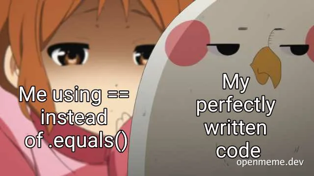 Anime-style meme of a girl looking at a bird with a disappointed expression. Text overlay: 'Me using == instead of .equals()' and 'My perfectly written code'.