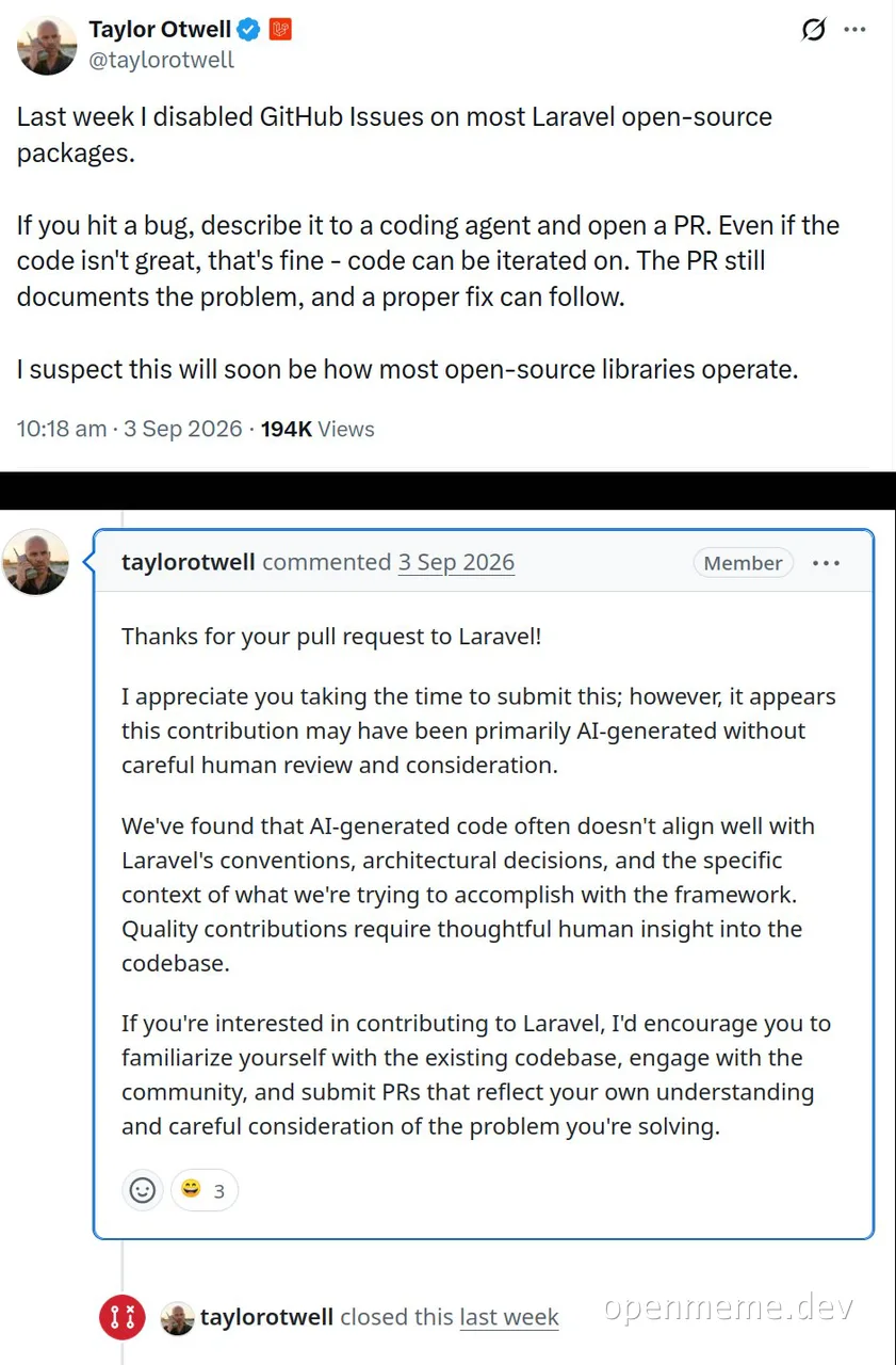 Screenshot of a tweet by Taylor Otwell about disabling GitHub Issues on Laravel packages, paired with a GitHub comment rejecting an AI-generated pull request for lacking human review.