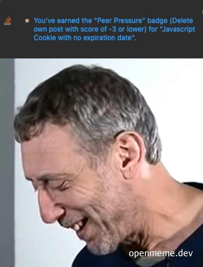 man laughing with a badge for peer pressure