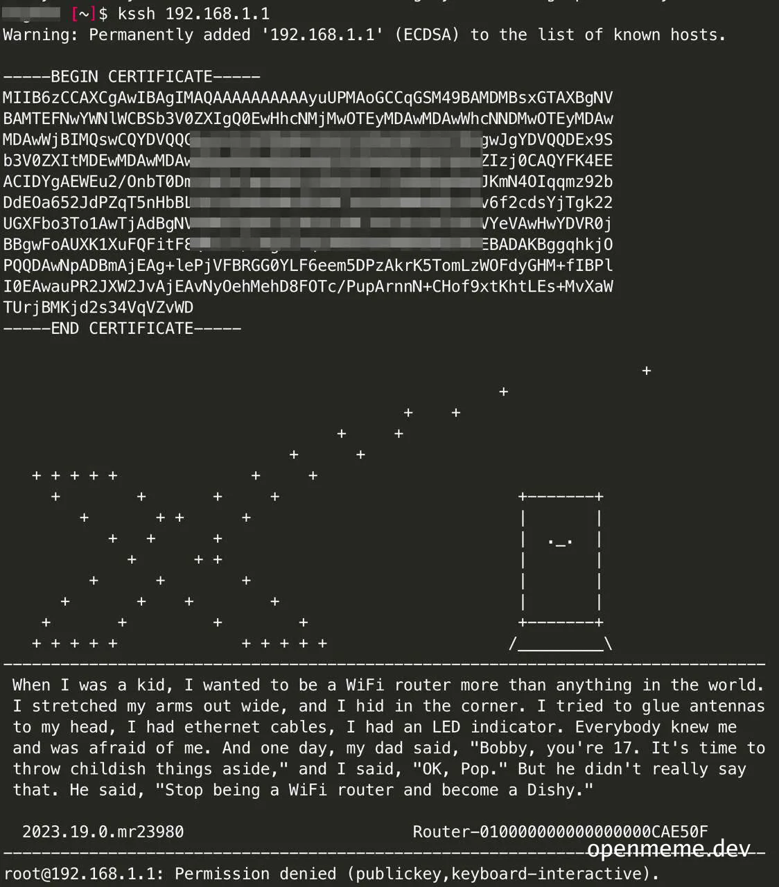 a computer terminal screen with a humorous story about a kid who wanted to be a WiFi router