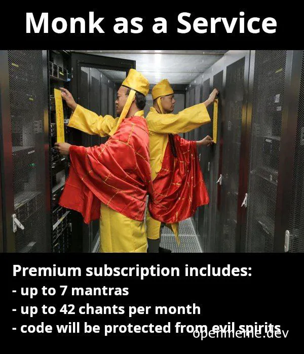 Two monks in red and yellow robes standing in a server room with a monk as a service subscription plan listed below