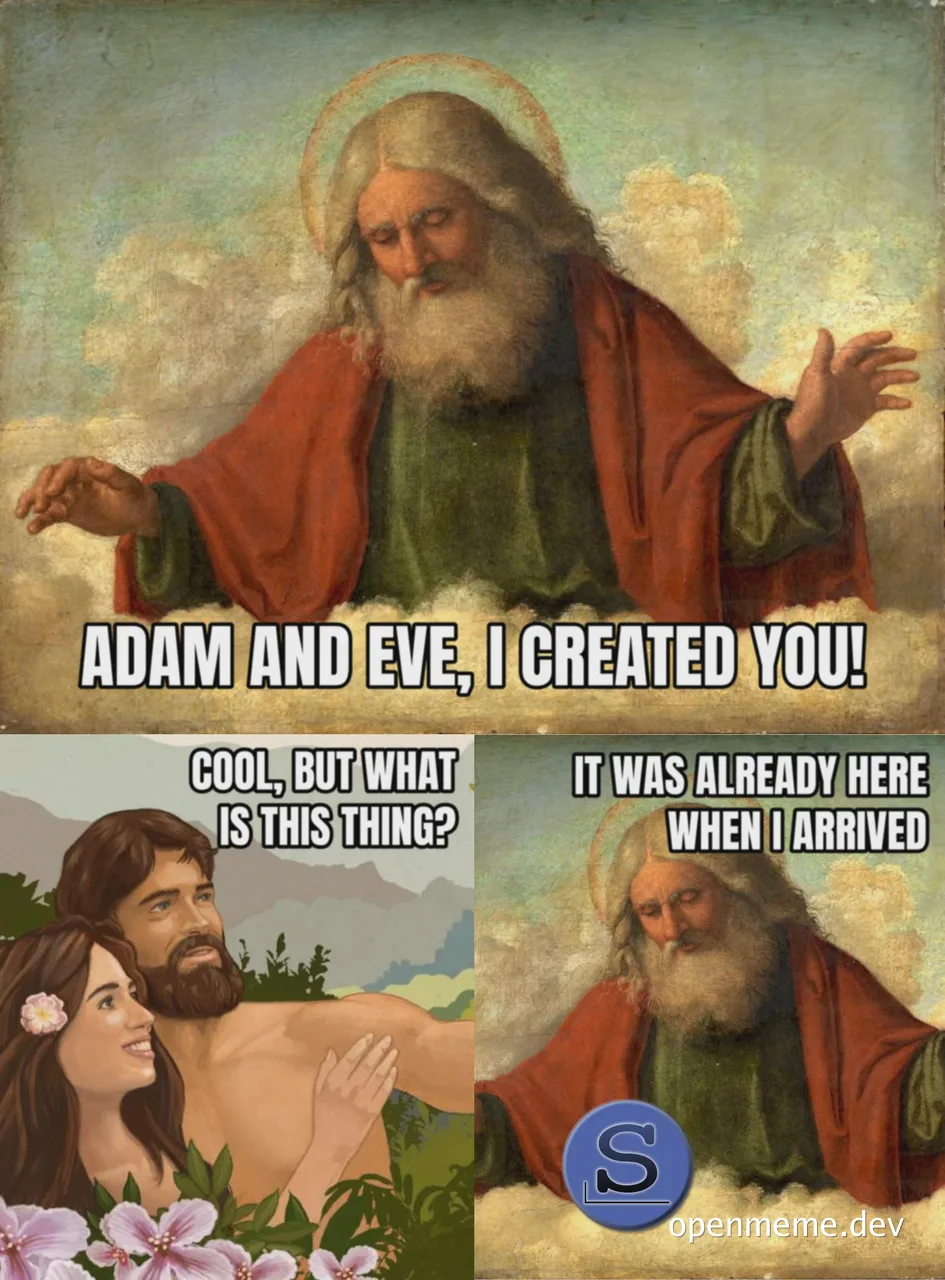 god creates adam and eve pointing at a blue circle with a slash