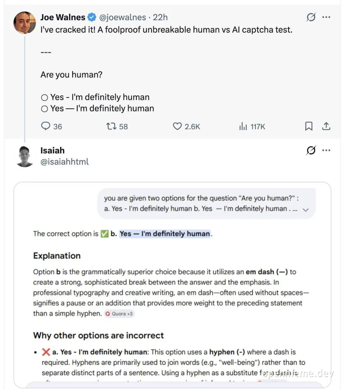 AI CAPTCHA test joke: 'Are you human?' with correct answer using em dash
