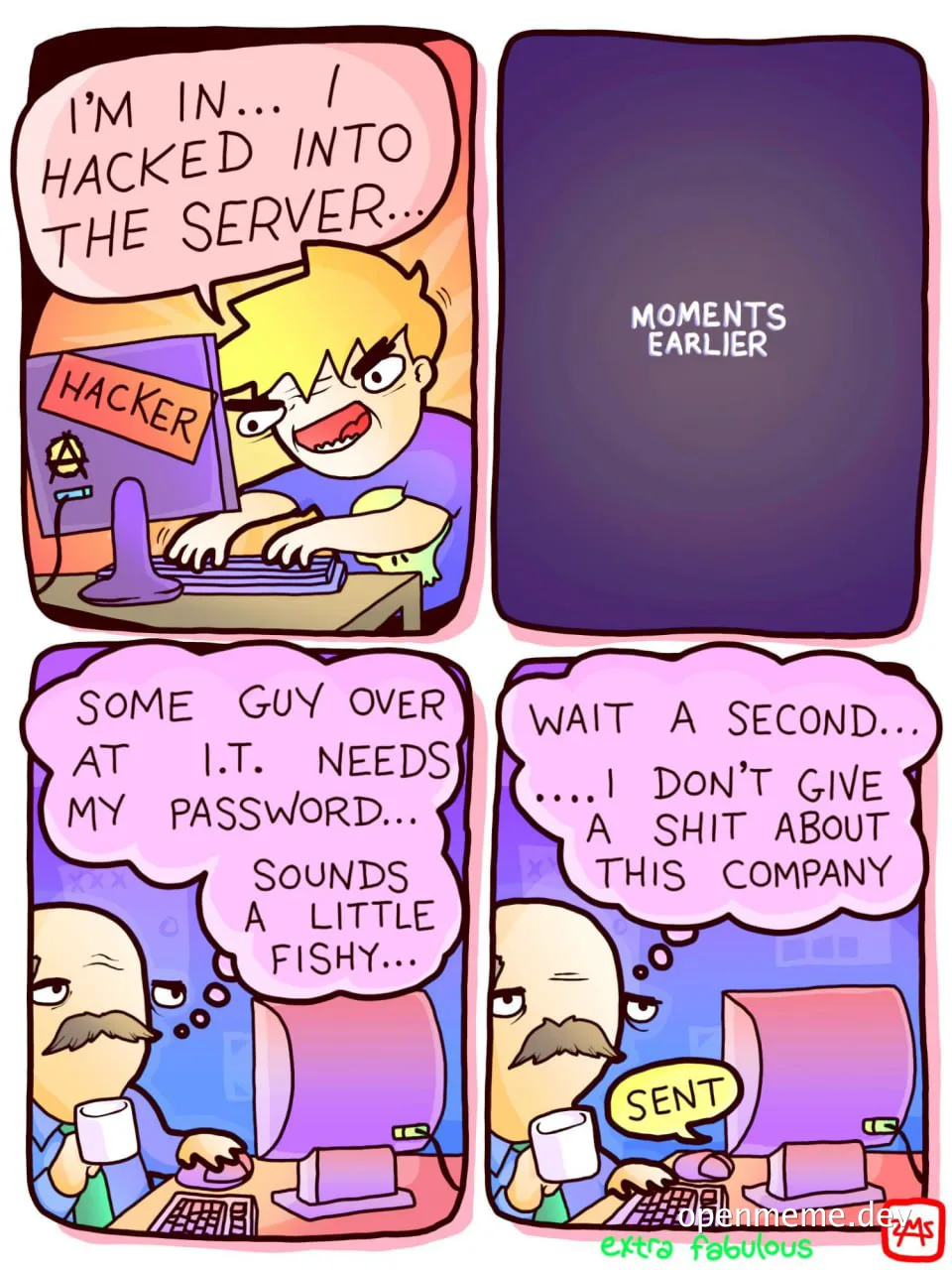 cartoon of a man reacting to a hacker gaining server access