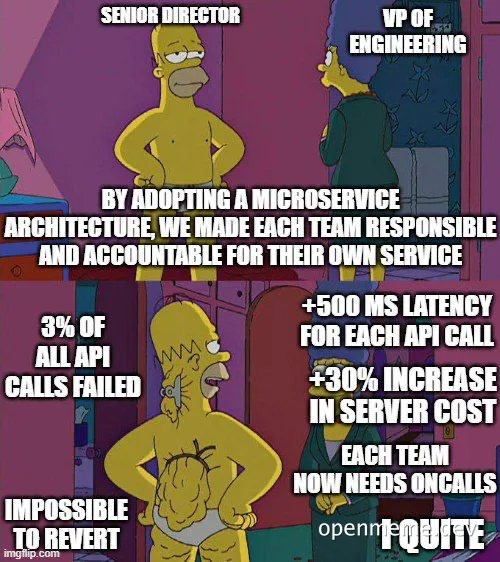 The Simpsons scene with Senior Director, VP of Engineering, and another character discussing microservice architecture