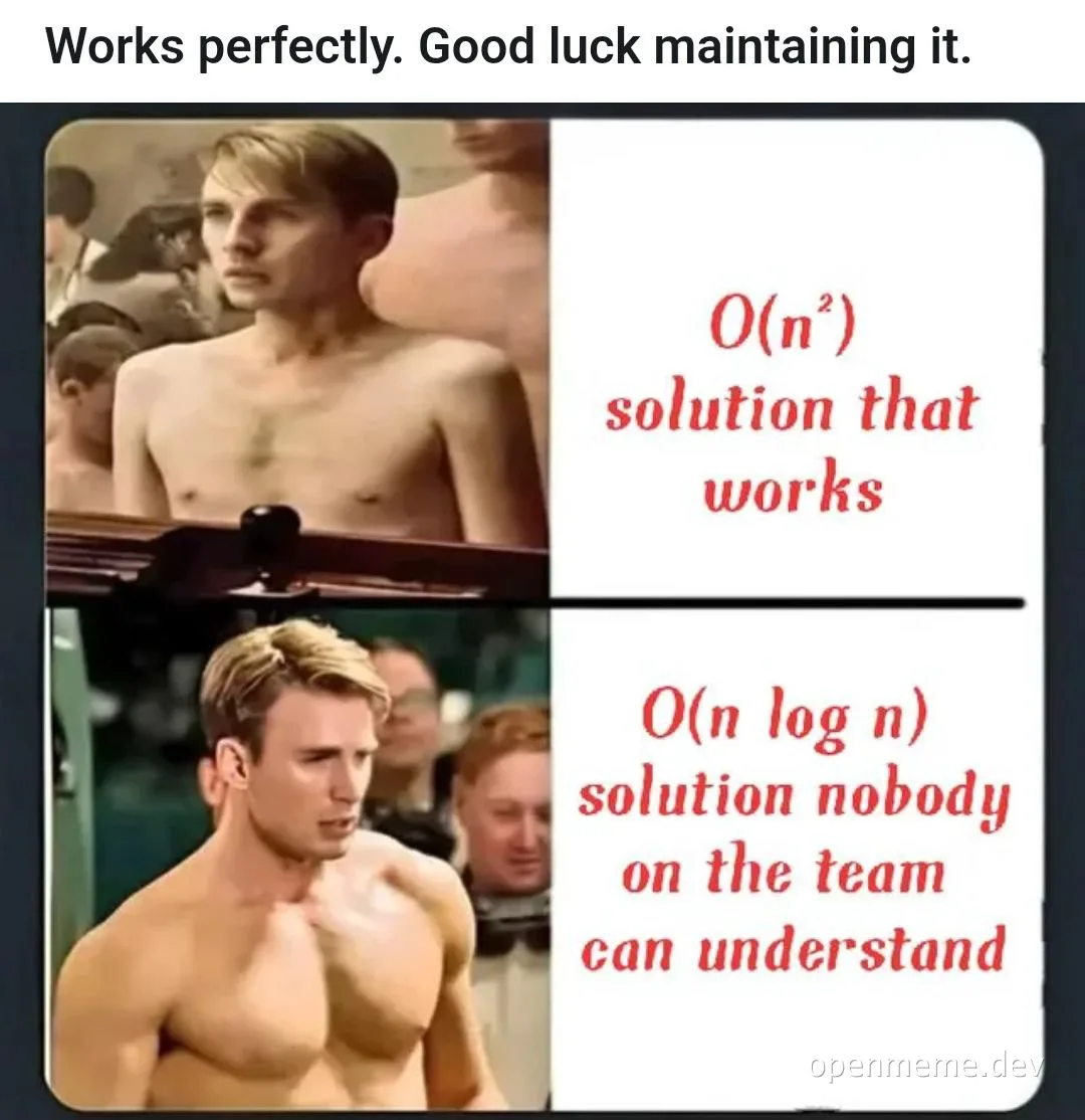 Big O meme comparing simple vs complex code solutions