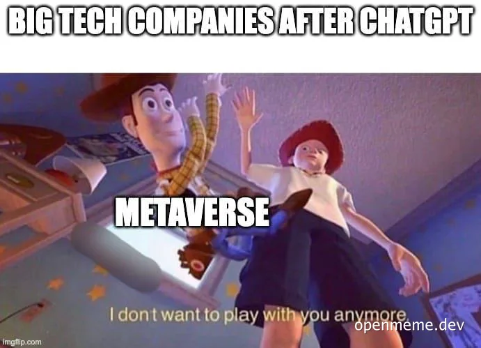 Big tech companies after ChatGPT meme with Woody and Bo Peep from Toy Story