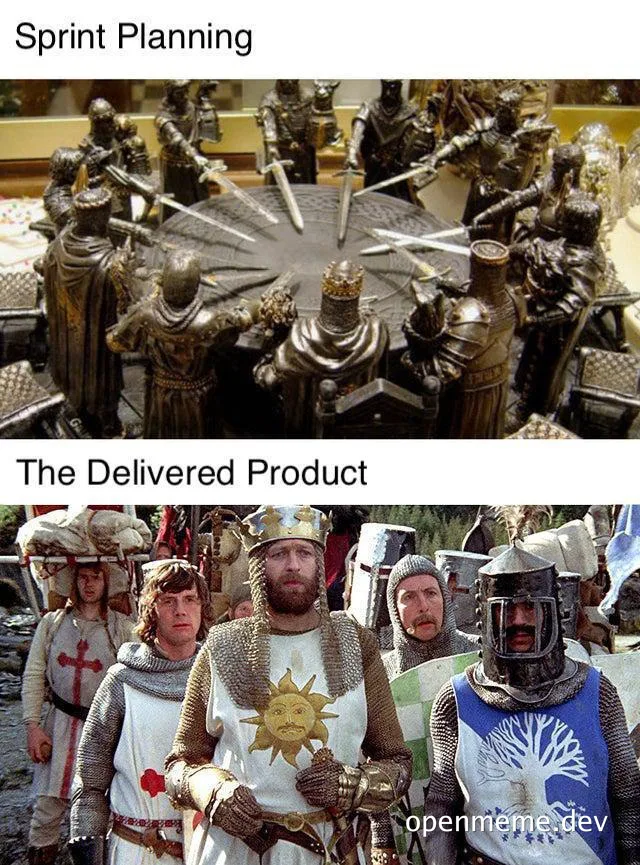 Medieval knights in two scenarios: planning with many knights around a table, and a disheveled group marching