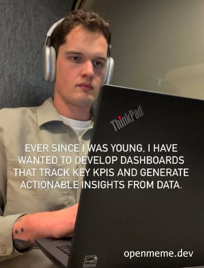 Man wearing headphones looking bored at a laptop screen with text overlay about wanting to develop dashboards for KPIs and data insights.