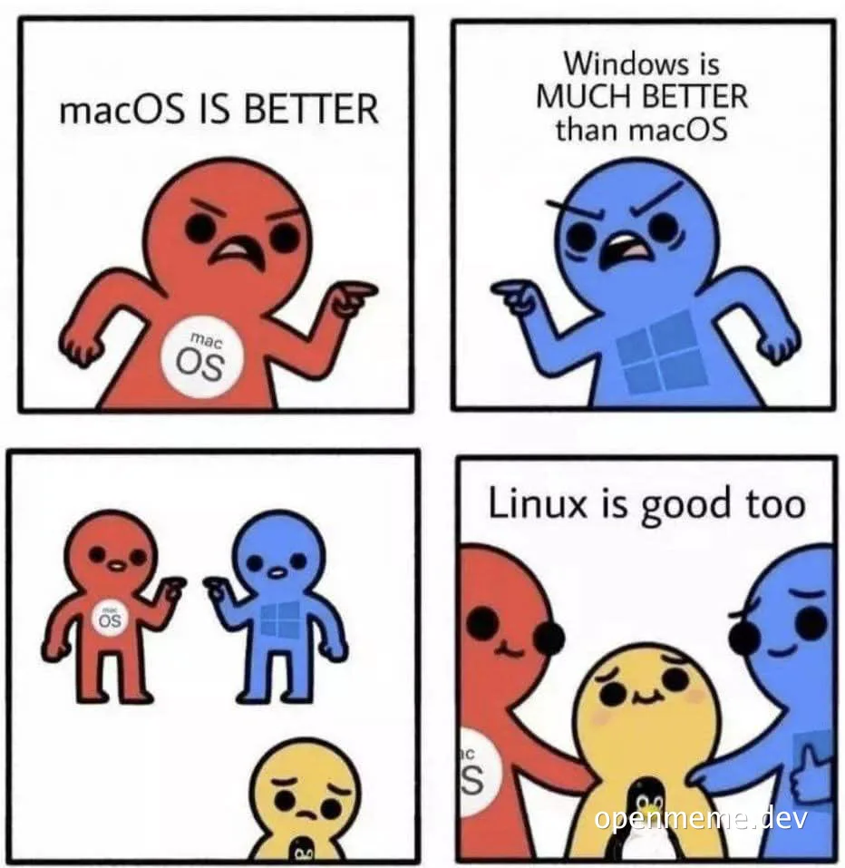 funny cartoon characters comparing macOS, Windows, and Linux