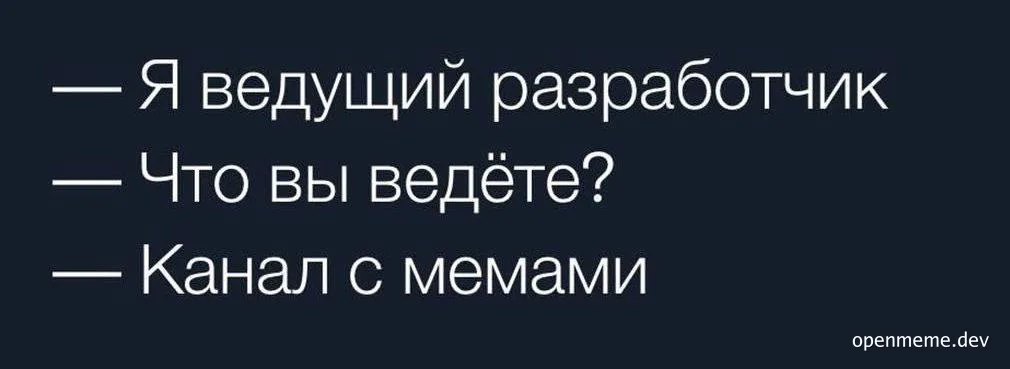 Текстовый мем на русском языке: диалог, где ведущий разработчик признается, что ведет канал с мемами.