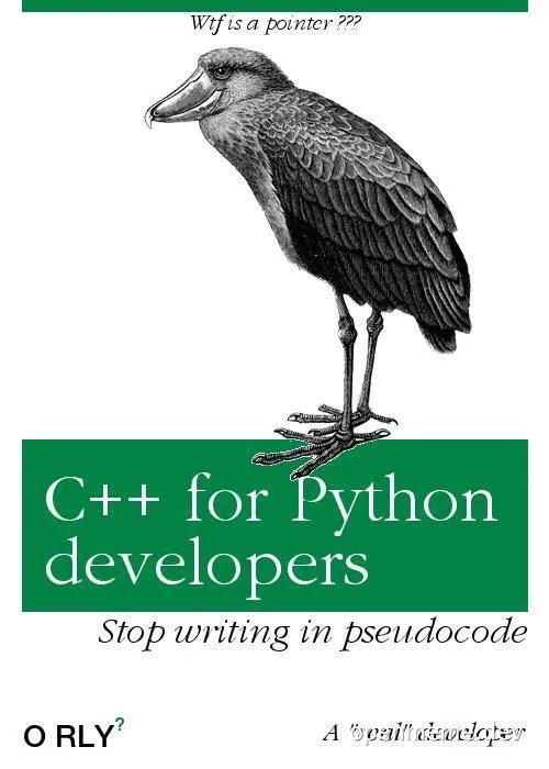 Parody book cover of a confused bird standing on a green banner reading 'C++ for Python developers, Stop writing in