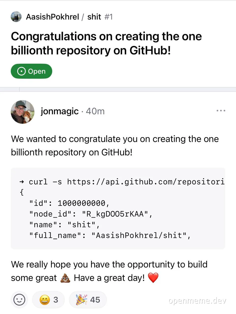 github one billionth repository congratulations