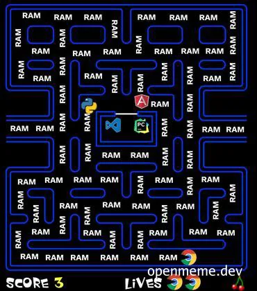 A Pac-Man arcade game screenshot parody where the maze is filled with the word RAM instead of dots, and the characters are replaced by Chrome, Python, Visual Studio Code, and Windows icons.