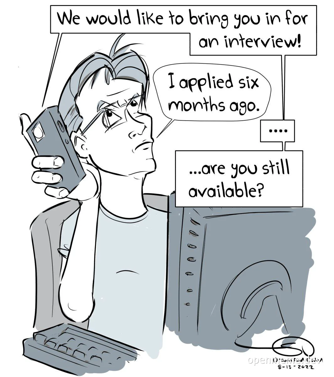Cartoon of a man on the phone looking surprised, with a computer and keyboard in front of him.