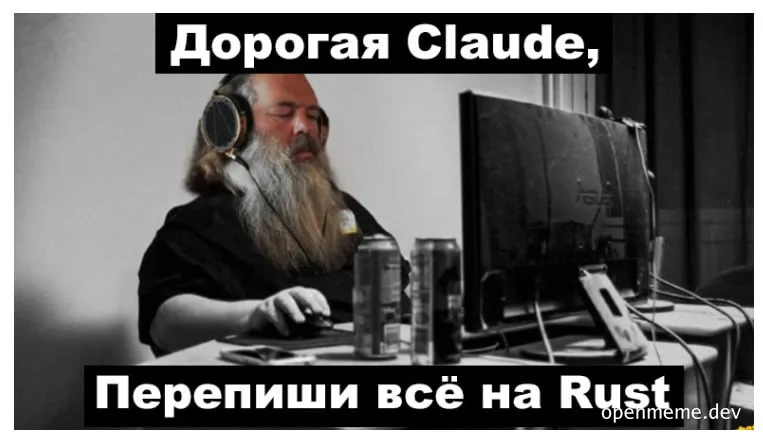 Man with long beard and headphones sitting at computer with text 'Дорогая Claude, Перепиши всё на Rust'