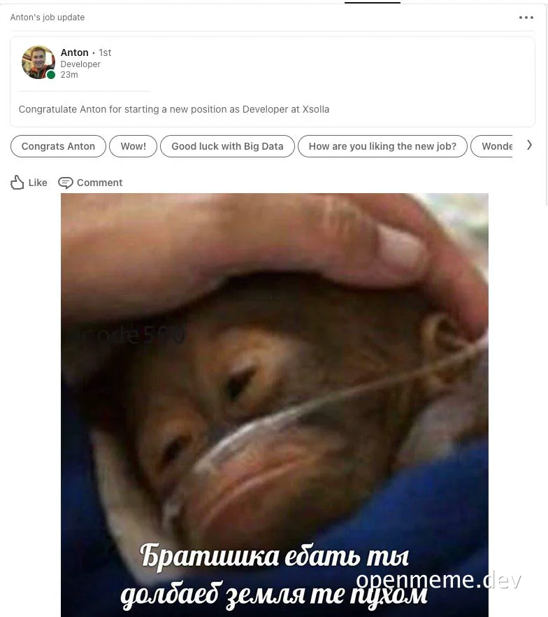 a meme of a monkey with a tube in its mouth and a hand on its head