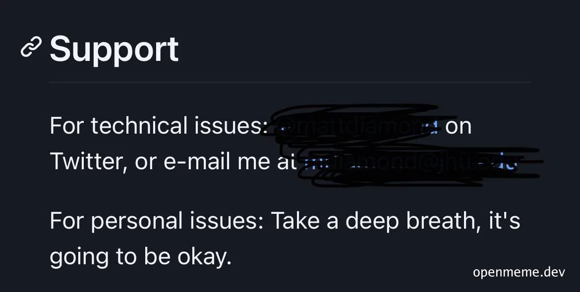 Support page with humorous advice for technical and personal issues