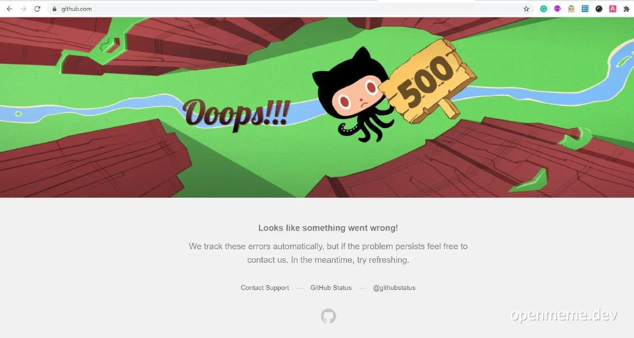 Cartoon character holding a 500 error sign with a river and canyon background