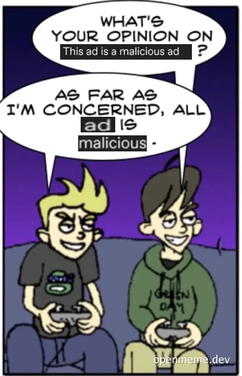 cartoon of two boys talking about ads being malicious