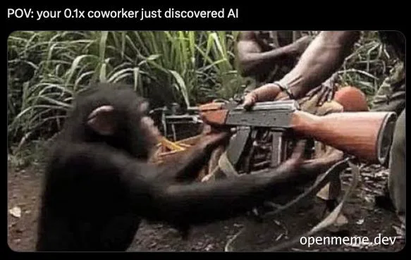 monkey holding gun with human hand