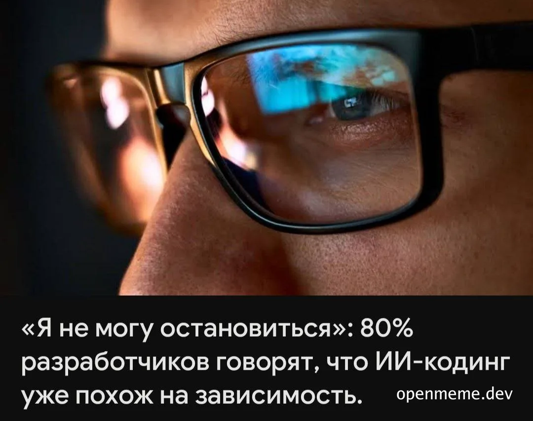 Close-up of a developer's face with glasses reflecting a computer screen, with Russian text about AI coding addiction.