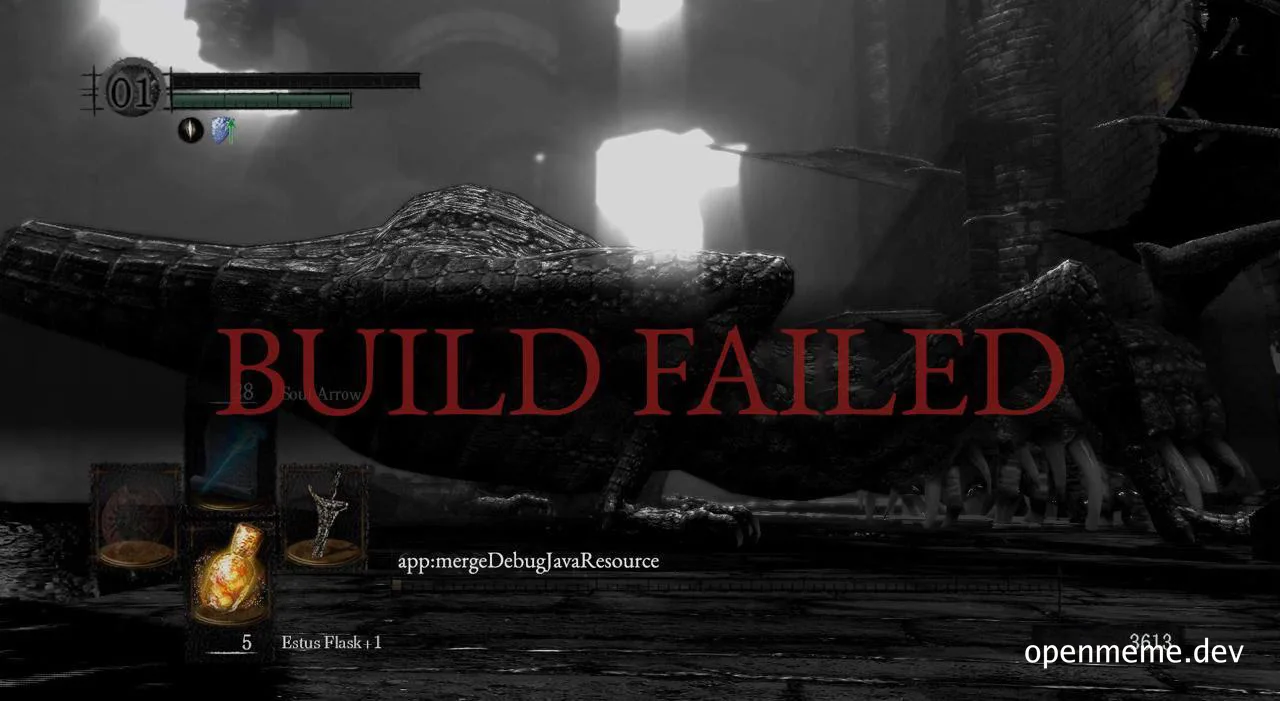 Dark Souls screenshot of a dragon with red text saying BUILD FAILED and a Java resource error log