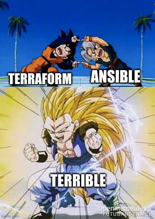 Dragon Ball Z characters fighting, labeled Terraform and Ansible, with a powerful character labeled Terrible
