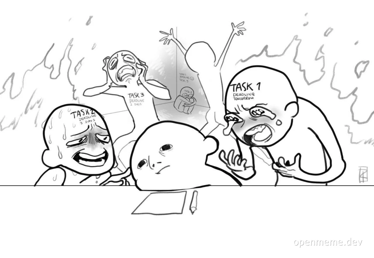 Cartoon characters overwhelmed by tasks with near deadlines