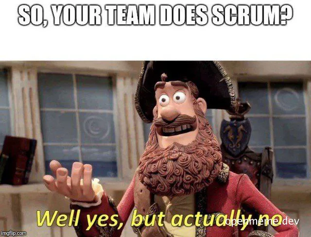 Cartoon pirate with a confused expression and text 'SO, YOUR TEAM DOES SCRUM? Well yes, but actually no'