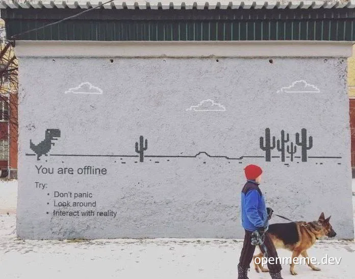 a child in a red hat and a dog walking past a grey wall with a dinosaur and cacti painted on it and text 'You are offline'
