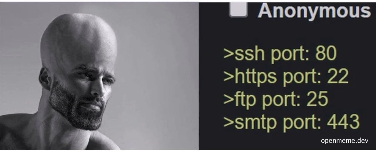 Anonymous logo next to a terminal window showing incorrect port mappings for ssh, https, ftp, and smtp.
