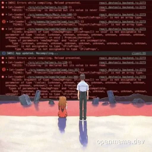 Neon Genesis Evangelion characters looking at a wall of code errors
