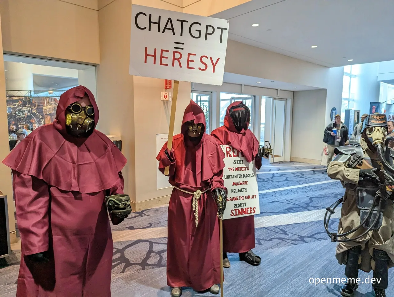 Three people in red robes and gas masks protest ChatGPT with humorous signs