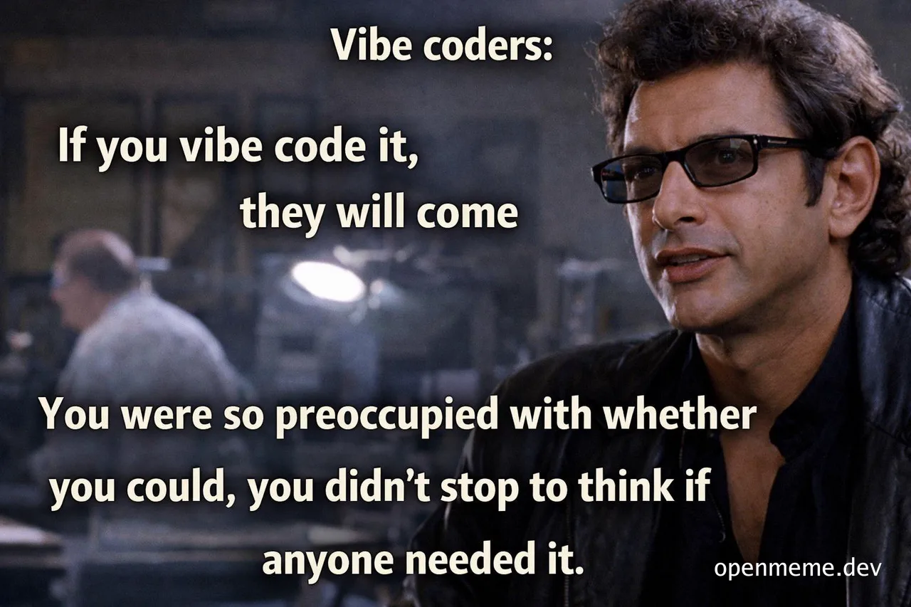 Morpheus from The Matrix meme text: Vibe coders: If you vibe code it, they will come. You were so preoccupied with whether you could, you didn't stop to think if anyone needed it.