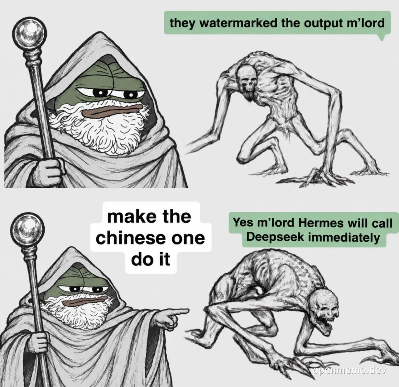 Hooded wizard AI character orders a hunched servant to call DeepSeek to bypass output watermarking