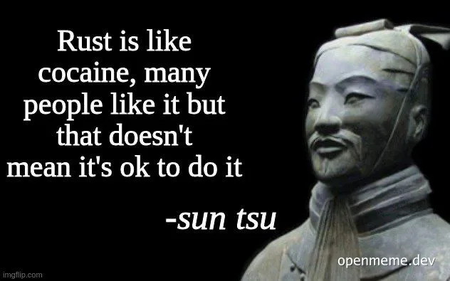 Terracotta warrior with a quote about Rust programming language